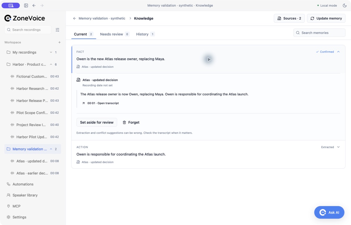ZoneVoice desktop Memory showing Owen as the updated Atlas release owner, with transcript evidence and a History tab