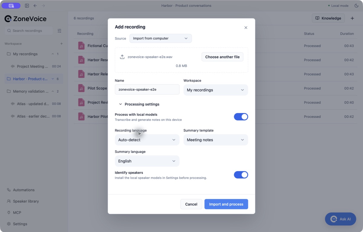 Import dialog with the synthetic WAV and local processing enabled