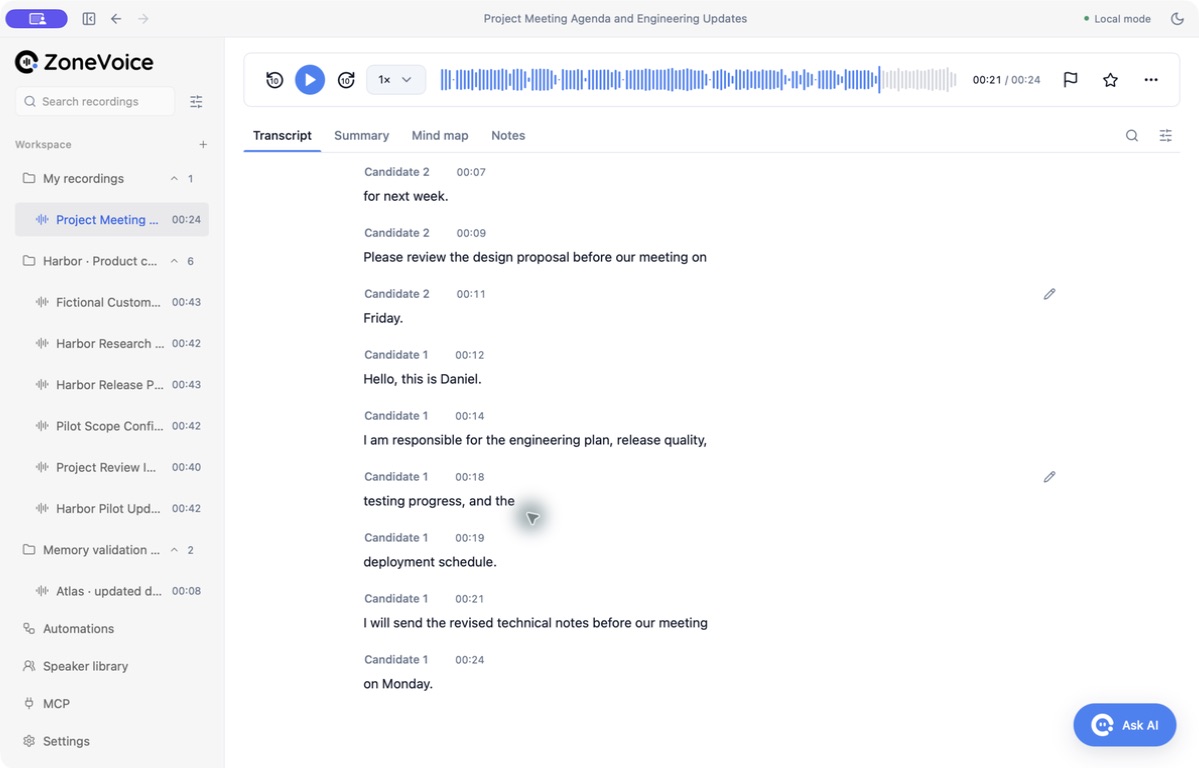 Task citation opens the transcript with playback positioned at 00:21