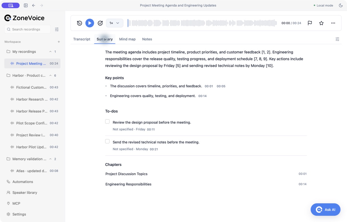 Generated summary with Friday and Monday tasks, both with owner Not specified