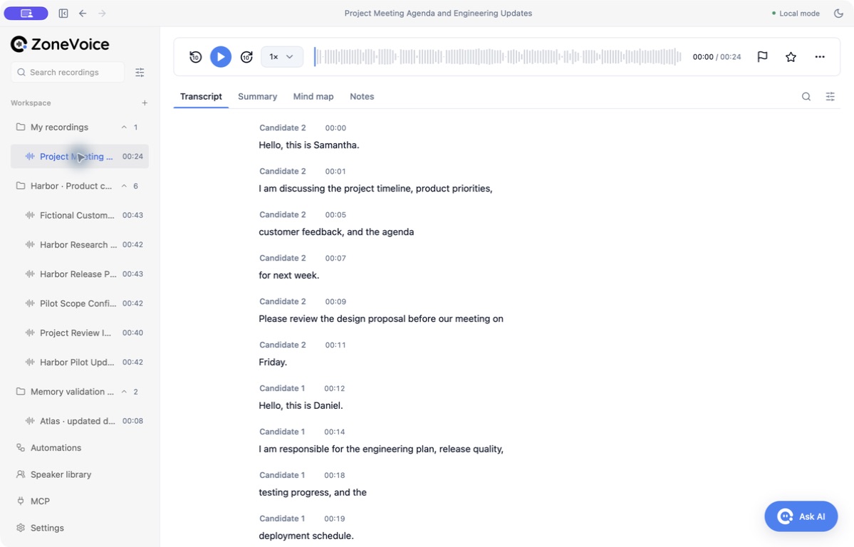 Completed local transcript with timestamped segments and two candidate voices