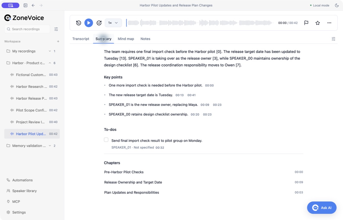 ZoneVoice summary and next steps for the Harbor release handoff