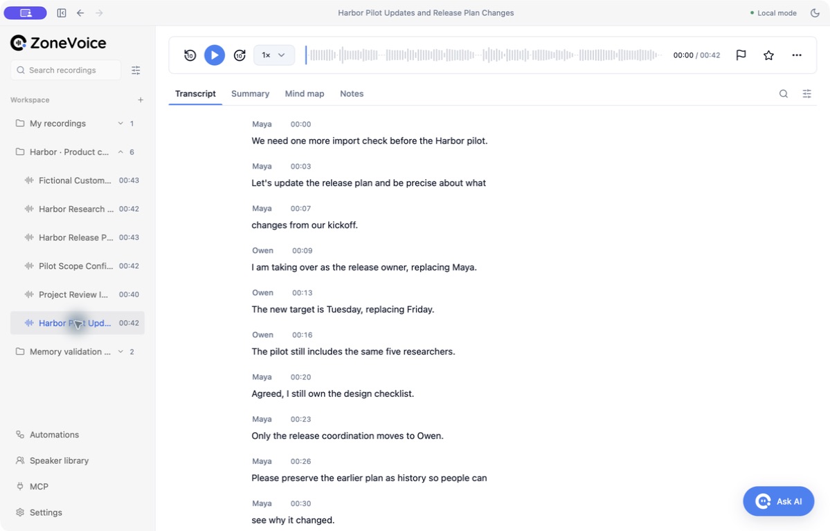 ZoneVoice desktop transcript with named speakers, timestamps, and audio playback for a Harbor project handoff